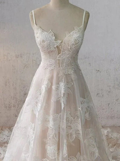 Boho White A Line Lace Appliques Wedding Dress