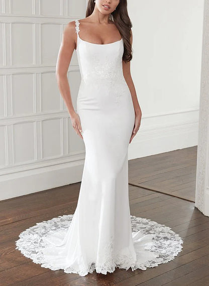 Trumpet Mermaid Square Neckline Lace Elastic Satin Wedding Dresses