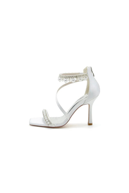 Square Open Toe Pearl Satin Stiletto Heels