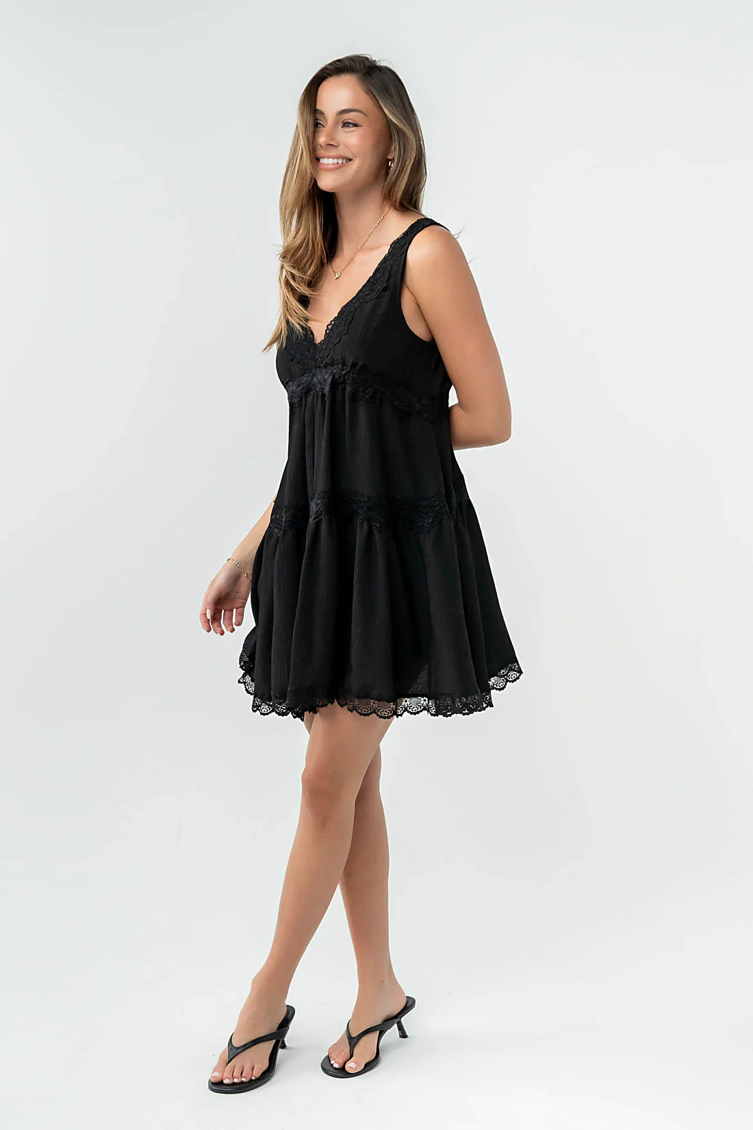 Quinny Lace Trim Mini Dress in Black