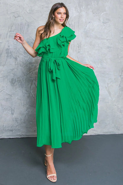 SUN KISSED STYLE GREEN ONE SHOULDER RUFFLE MIDI DRESS