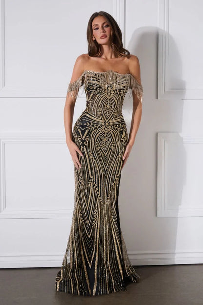 Astoria Gown Off The Shoulder Crystal Fringe Dress