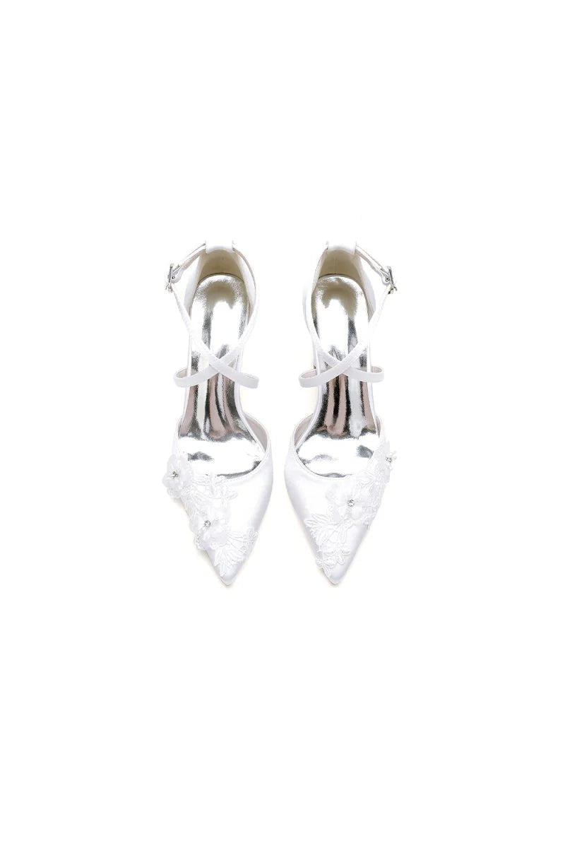 Pointed Toe Ivory Chunky Heels with Lace