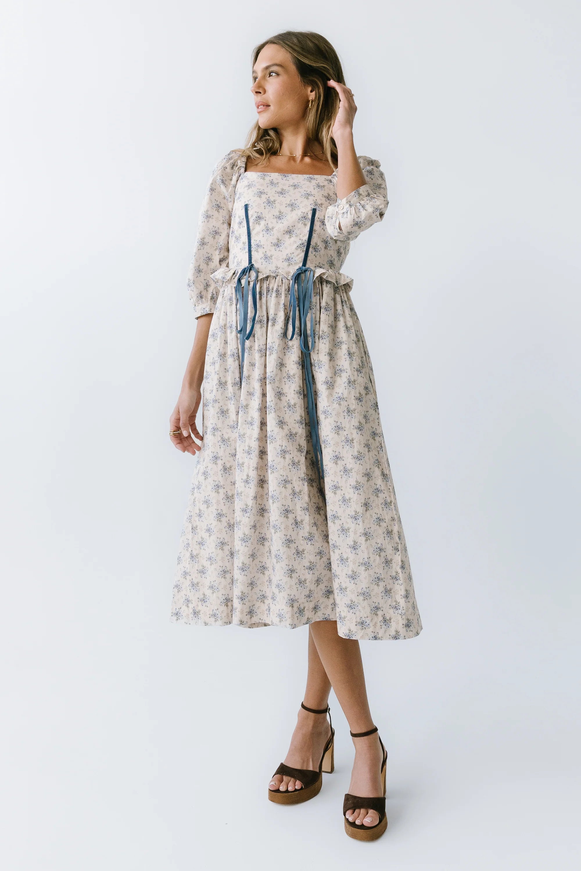 Gloria Floral Midi Dress in Ecru