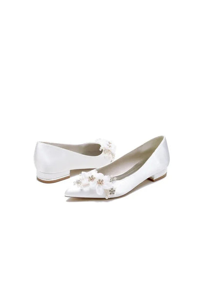 Satin Champagne Flats with Delicate Flower Embellishments