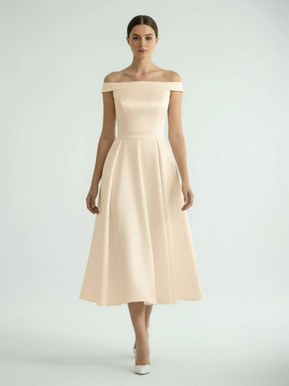 Sleeveless Tea Length Satin Wedding Dress With Sash And Off The Shoulder Neck