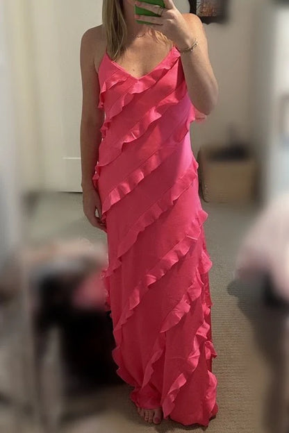 Straps Sheath Champagne Ruffle Maxi Bridesmaid Dress
