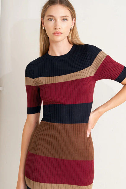 BLACK BURGUNDY COLOR BLOCKED MIDI SWEATER DRESS