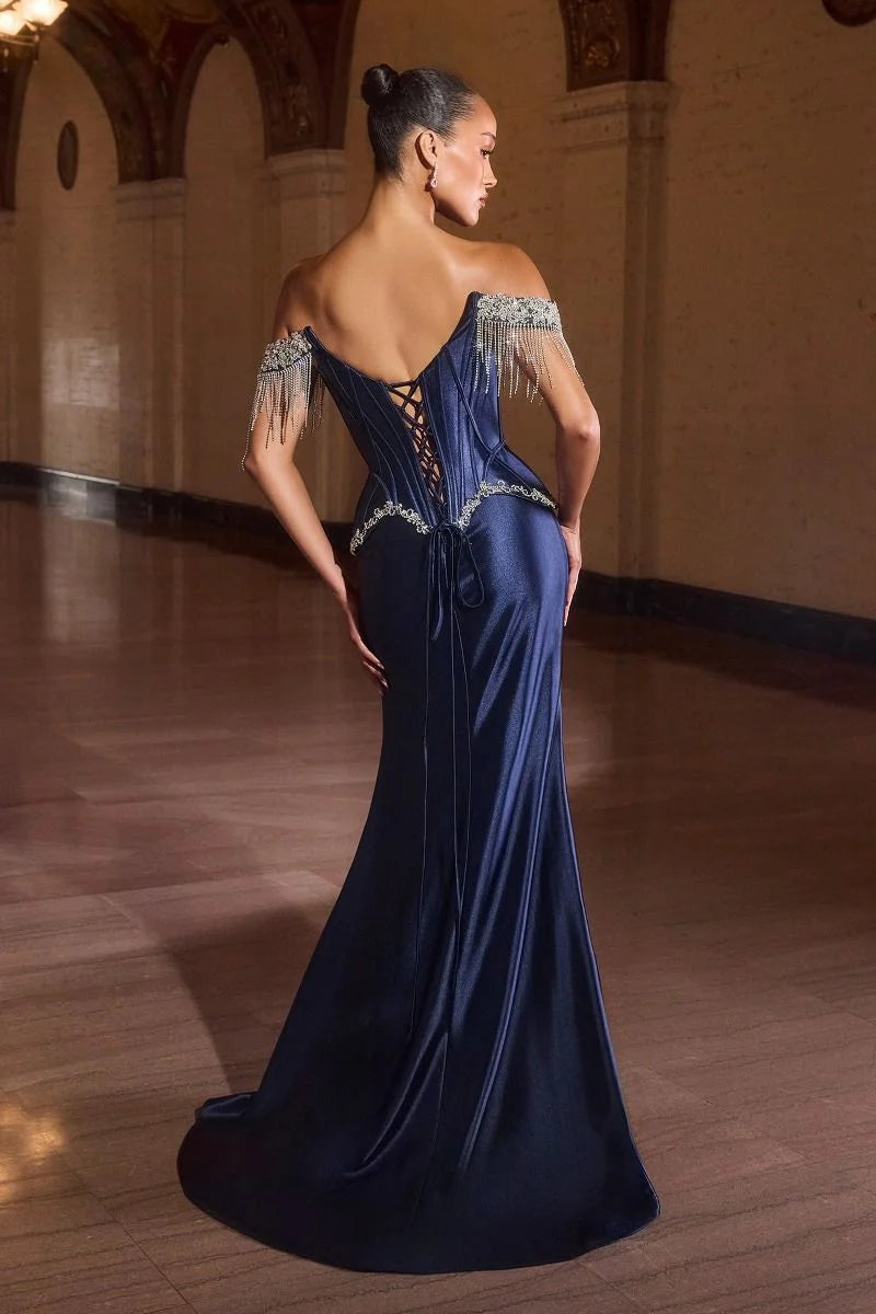 Cordelia Gown Off Shoulder Fringe Peplum Corset Dress