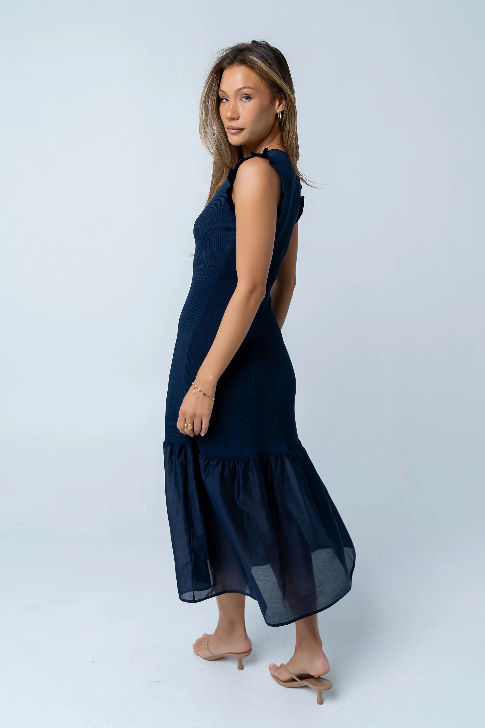 Lara Ribbed Midi Dress in Navy