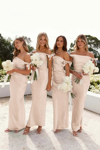 Off Shoulder Sheath Pleated Satin Sky Blue Long Bridesmaid Dress