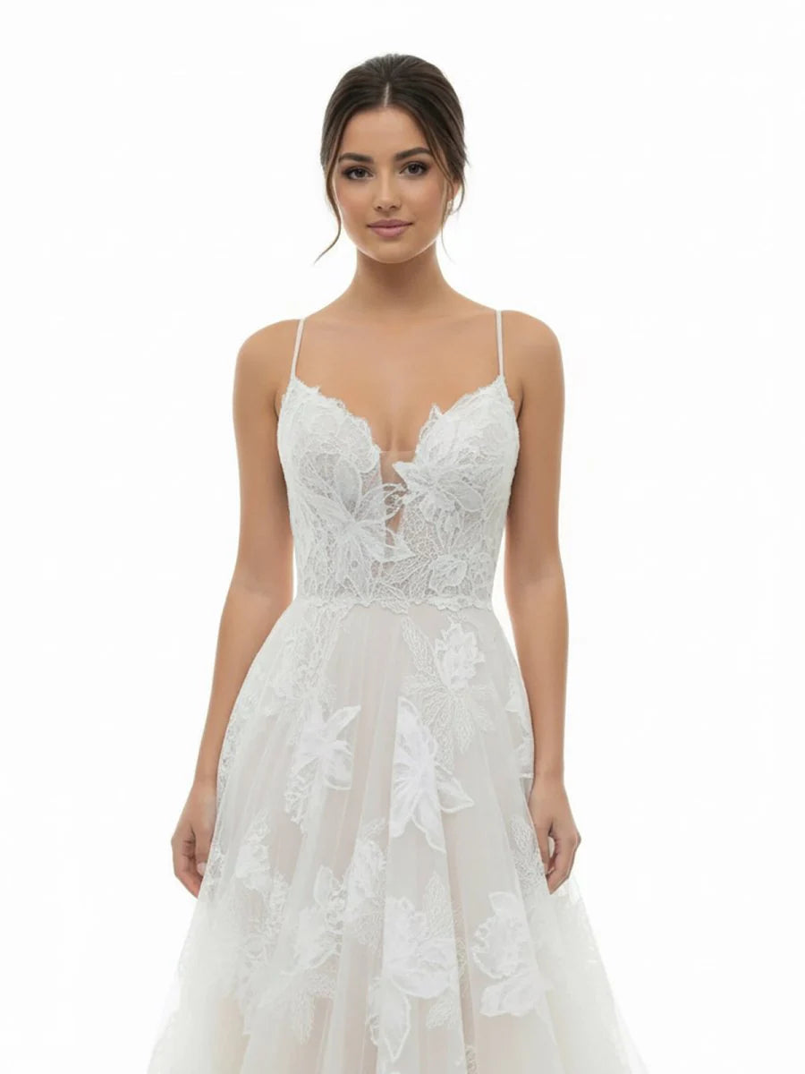 Boho White A Line Lace Appliques Wedding Dress