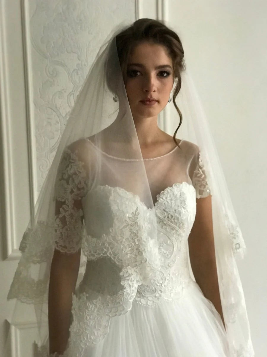 Vintage White Lace Double Tiers Long Wedding veil