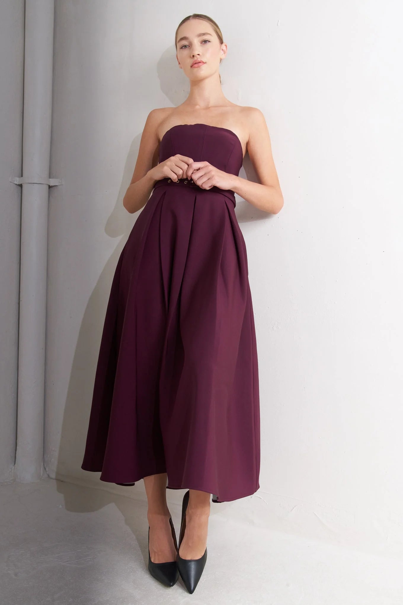 OPERA WINE BURGUNDY MIDI DRESS WITH POCKETS