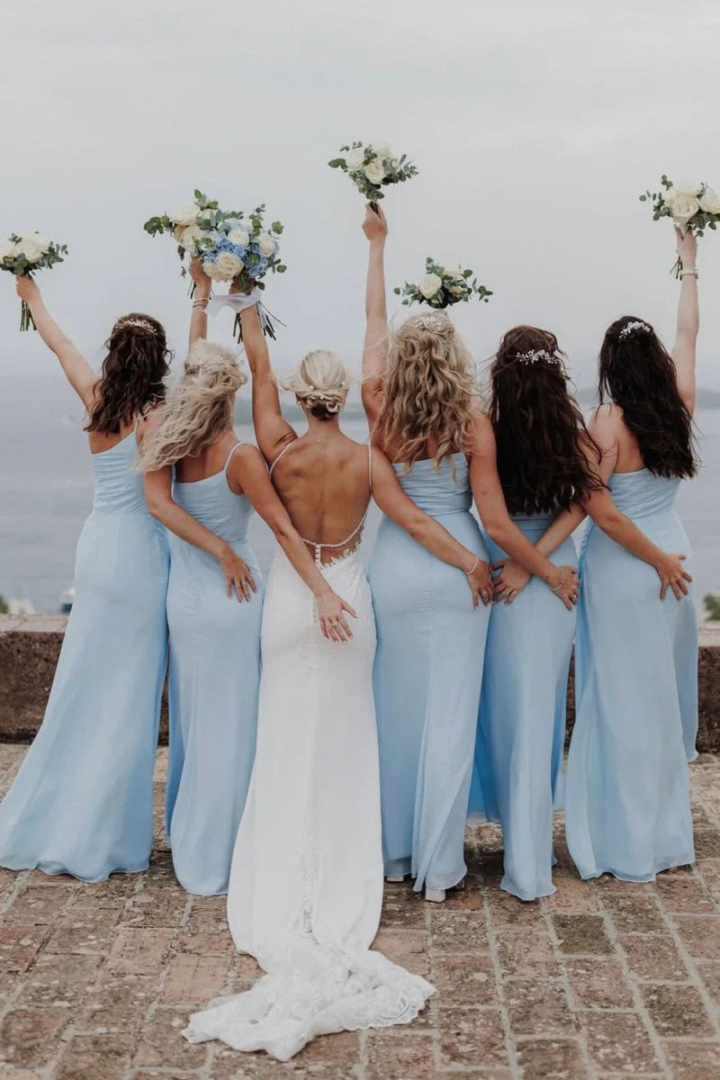 Sheath One Shoulder Light Blue Chiffon Slit Bridesmaid Dress