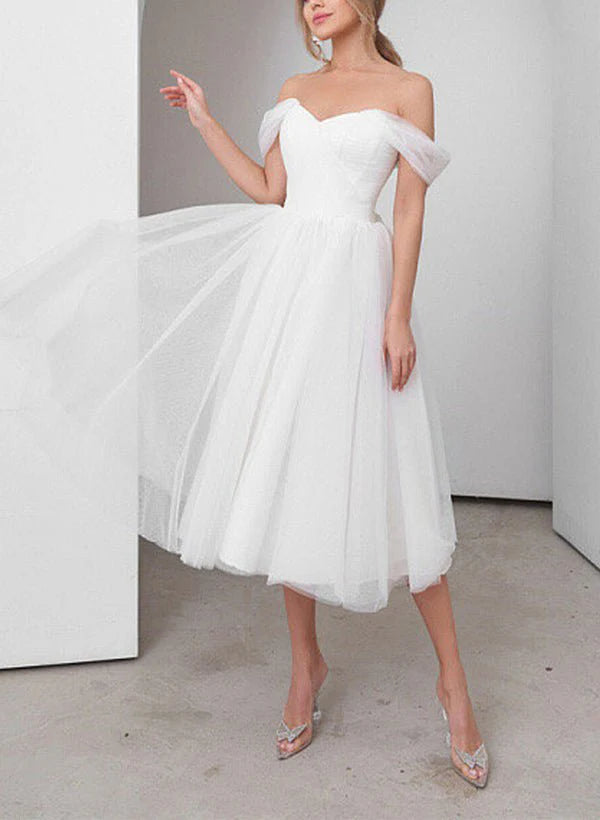 Sweet A Line Off The Shoulder Little White Tulle Wedding Dresses