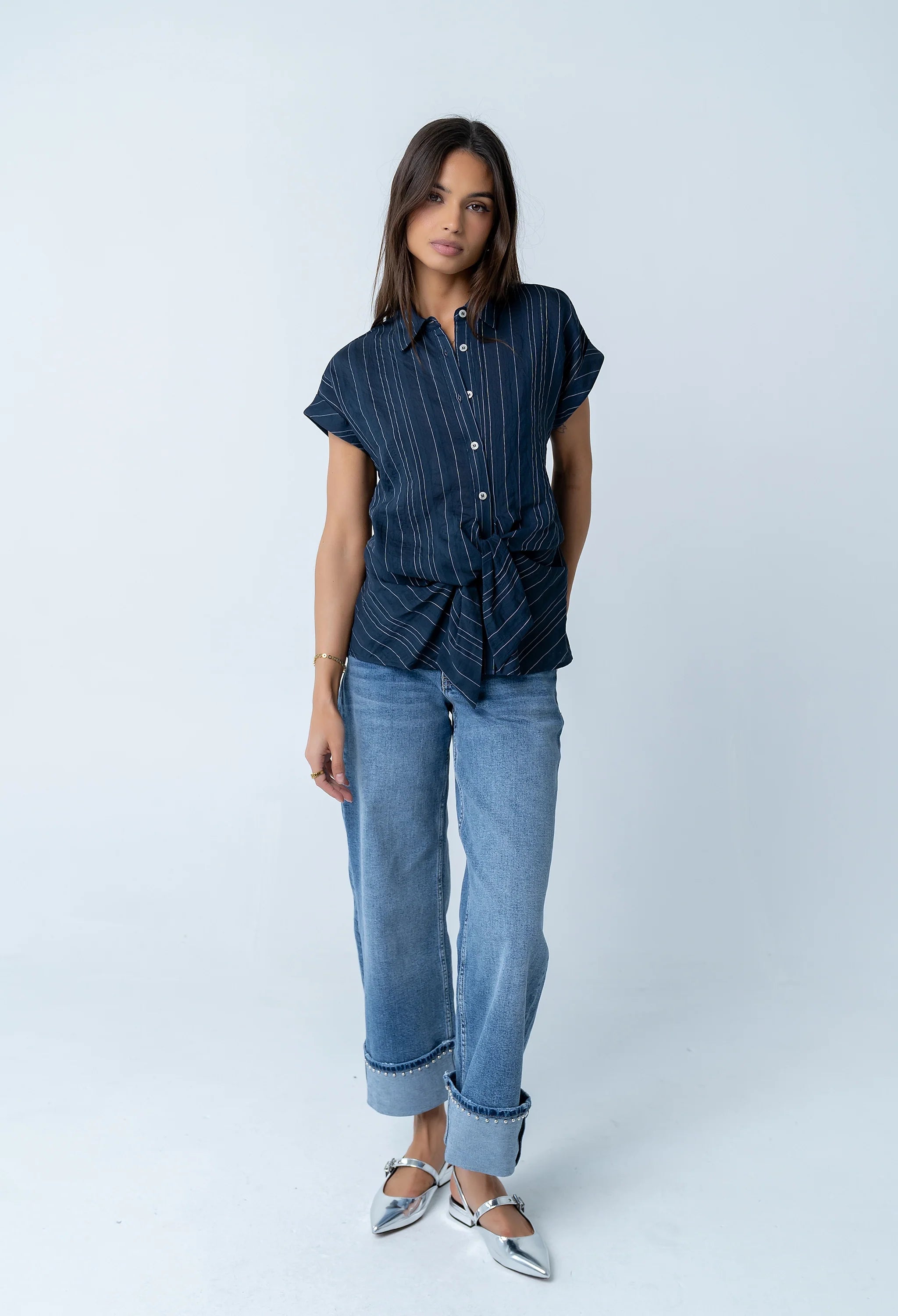 Darian Striped Button Up in Navy