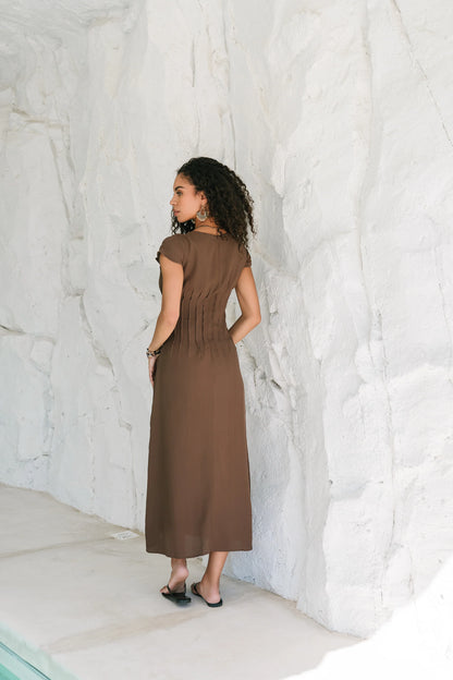 Carolina Pleated Maxi Dress in Brown