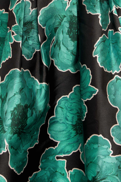 ROYAL BAROQUE GREEN FLORAL PRINT SATIN MIDI DRESS
