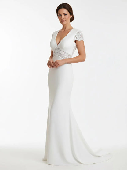 Modest Simple Sheath Short Sleeve Empire Floor Length Sweep Train Chiffon V neck Wedding Dress