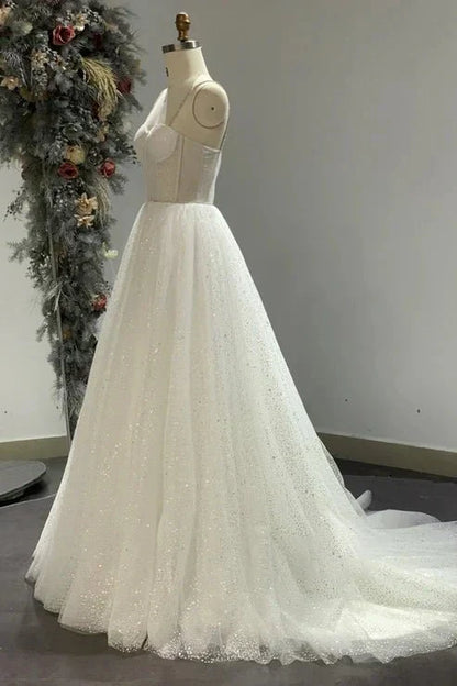 Spaghetti Straps Sparkly Bohemian Wedding Dress