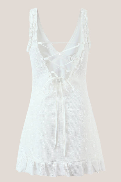 White V Neck Tulle Ruffled A Line Mini Dress