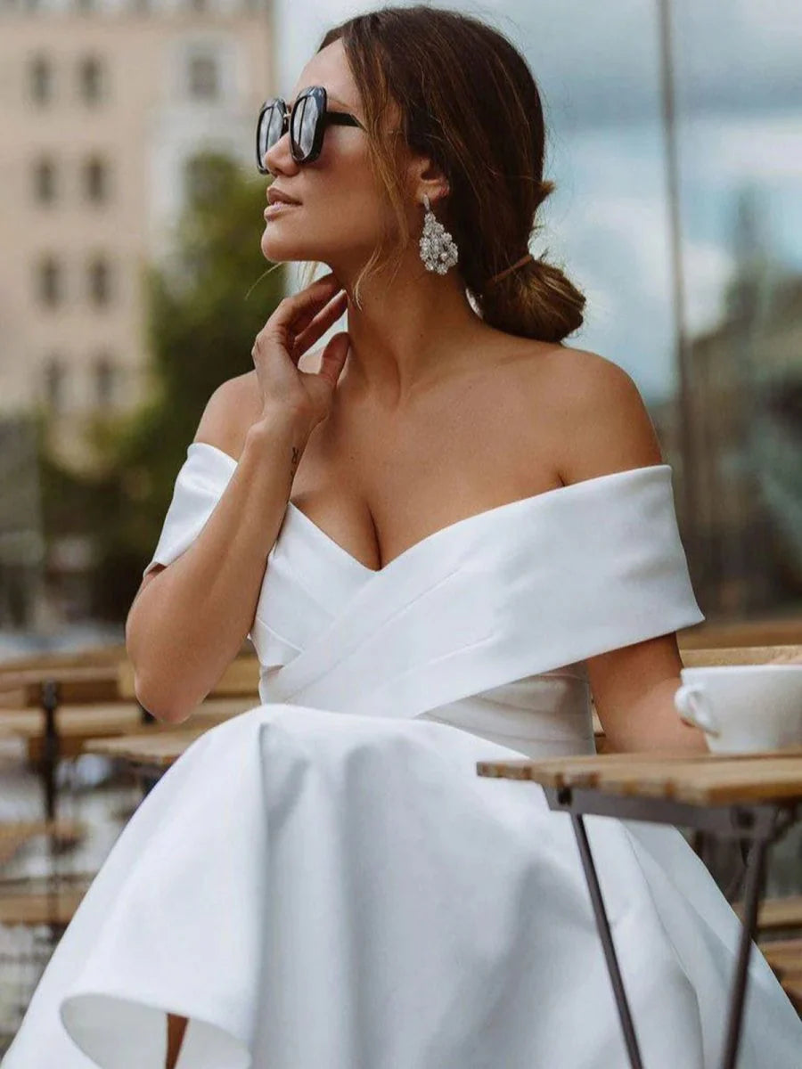 A Line Satin Tea Length White Off the Shoulder Wedding Dress