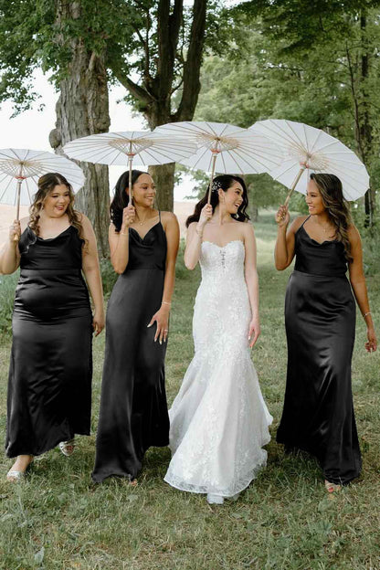 Hunter Green Silk Satin Cowl Neck Bridesmaid Dresses