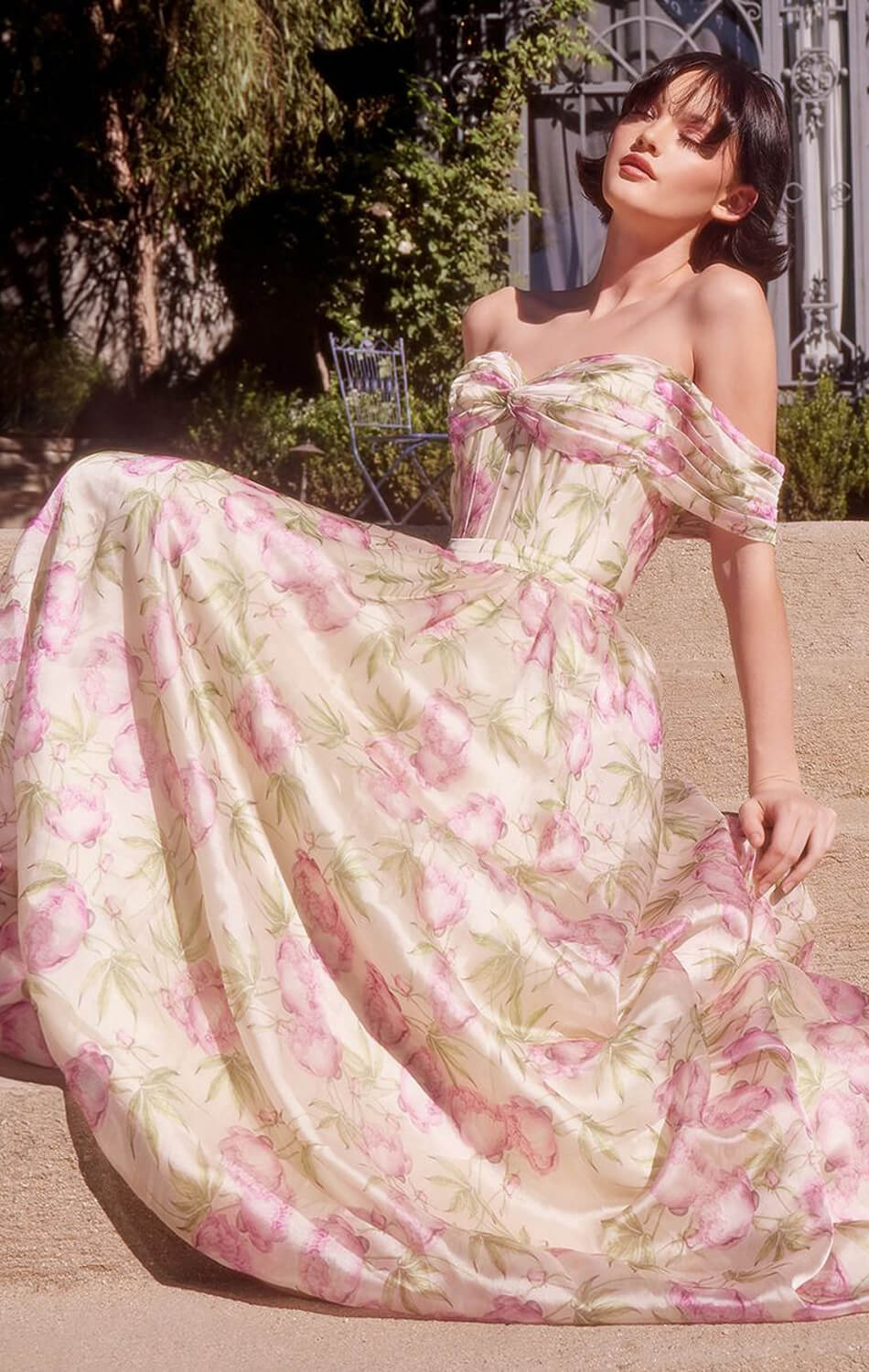 A1466 FLORAL PRINTED OFF THE SHOULDER A LINE DRESS Andrea Leo