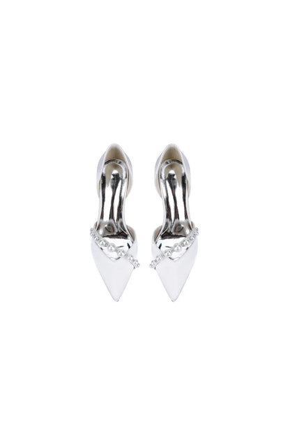 White Satin High Heels with Pearl Embellishments