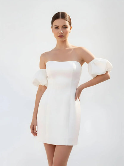 Short Satin White Wedding Dress Strapless Off the Shoulder