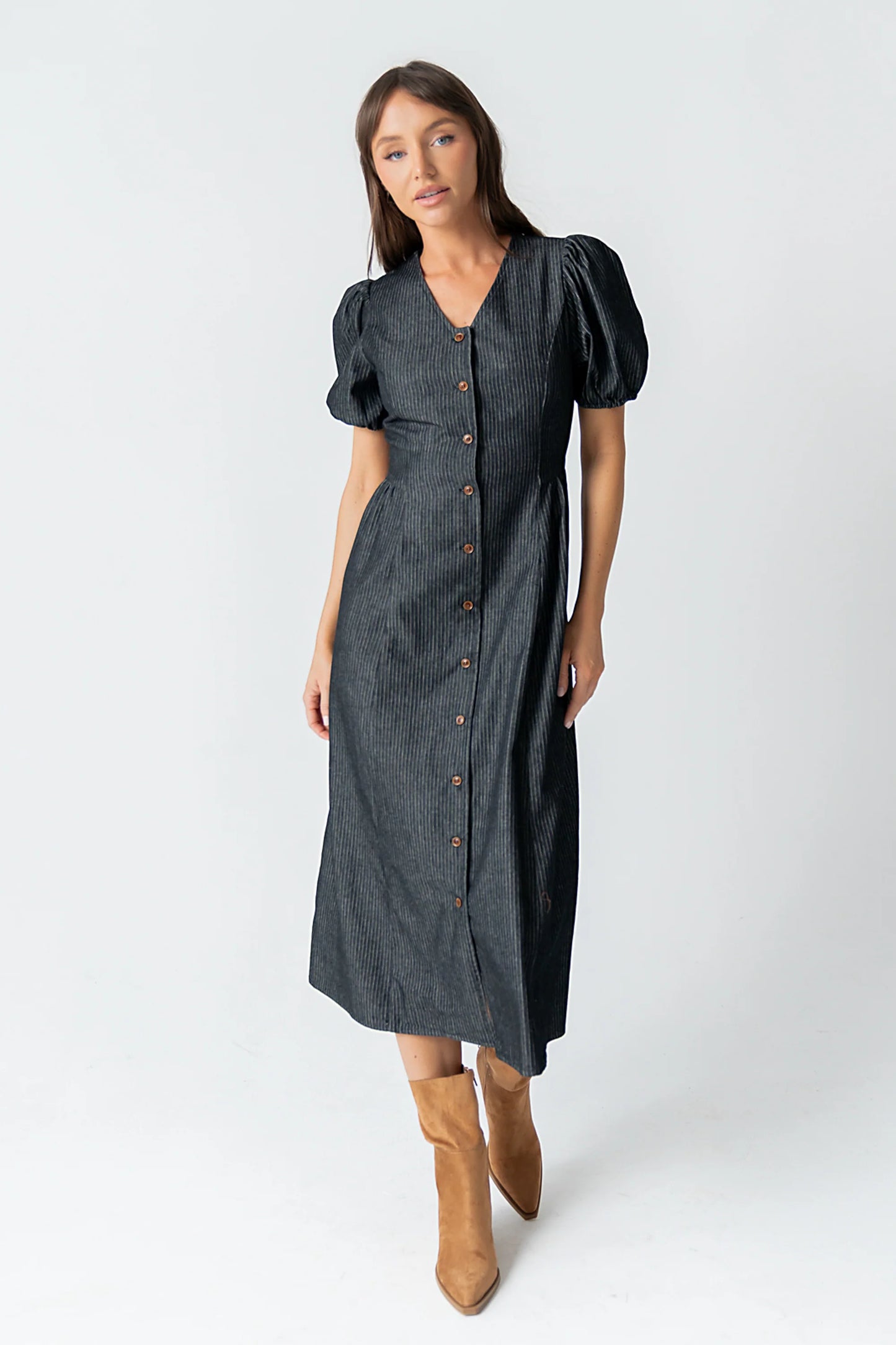 Conley Pinstripe Midi Dress in Black