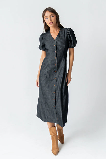 Conley Pinstripe Midi Dress in Black
