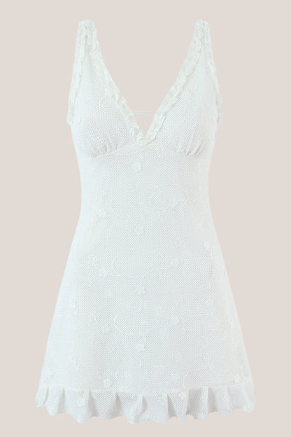 White V Neck Tulle Ruffled A Line Mini Dress