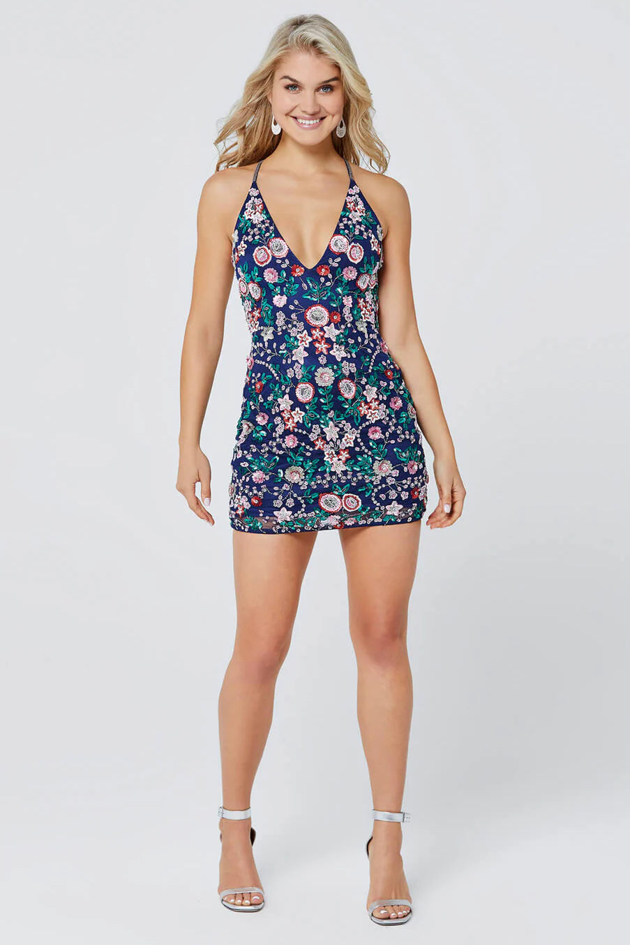 1938 Primavera V Neck Short Dress with Floral Sequins