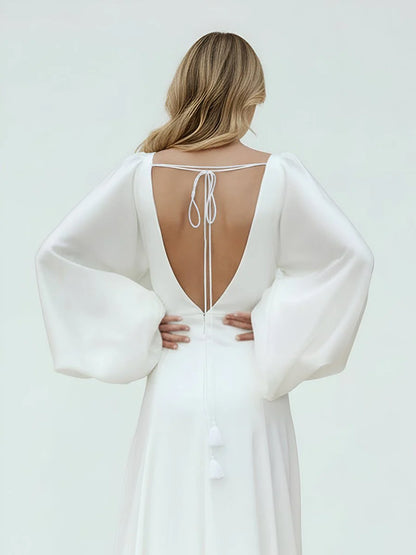 White Satin Simple A Line Long Wedding Dress with Slit