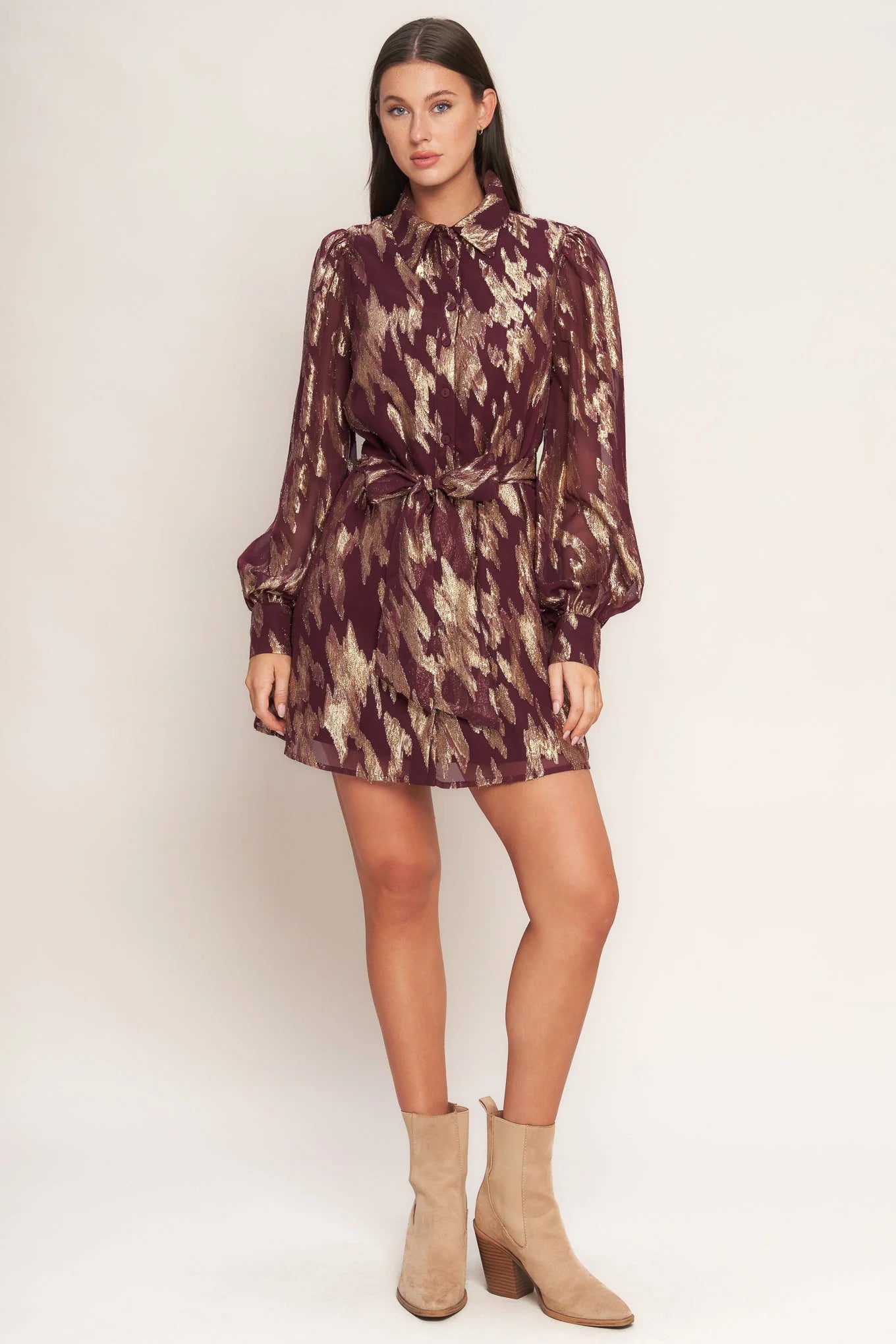 METALLIC MUSE BURGUNDY LONG SLEEVE MINI DRESS