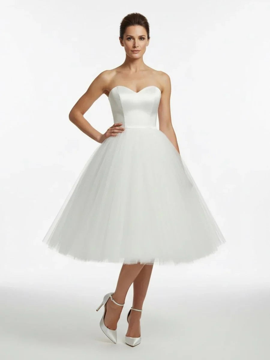 Sweetheart Empire Tea Length Tulle Wedding Dress With Lace Up Back