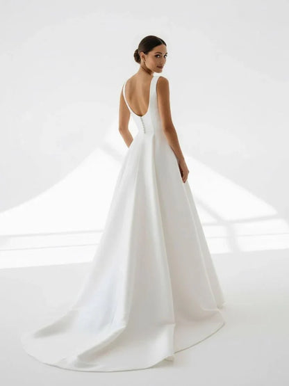 Simple A Line Square Neck White Satin Wedding Dresses