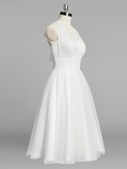Halter A Line Tea Length Tulle Wedding Dress With Ruching