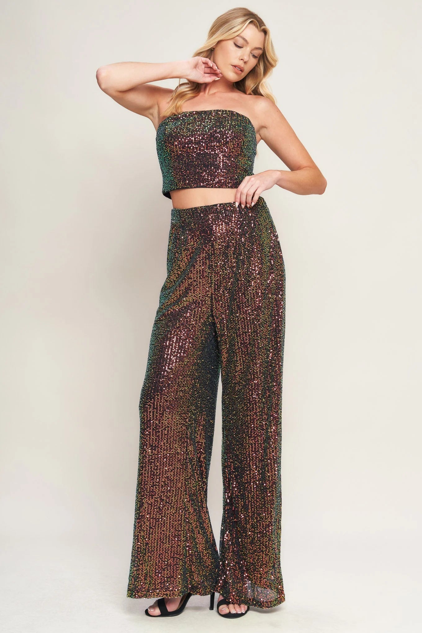 CHARMING COMPOSURE SEQUIN CROP TOP PANT SET FINAL SALE