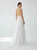 A Line V Neck Straps Spaghetti Sheath Chiffon Wedding Dress