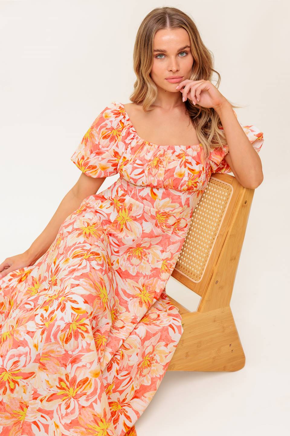 ISLAND FLOWERS PUFF SLEEVE MIDI DRESS CORAL FINAL SALE