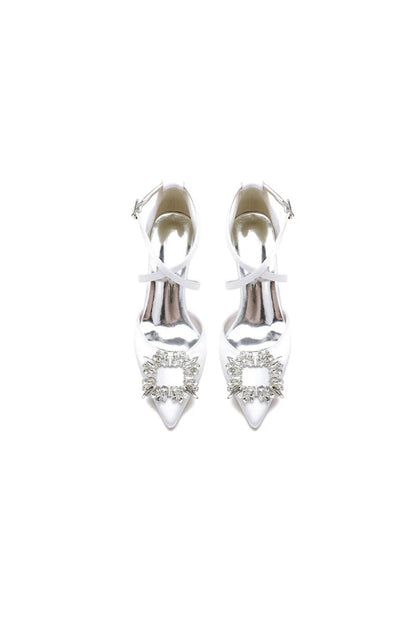 White Satin Pump with Crystal Embellished Cross Strap
