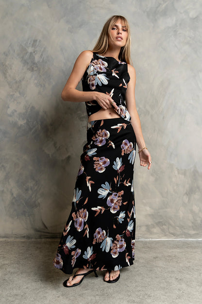 Eden Floral Midi Skirt in Black