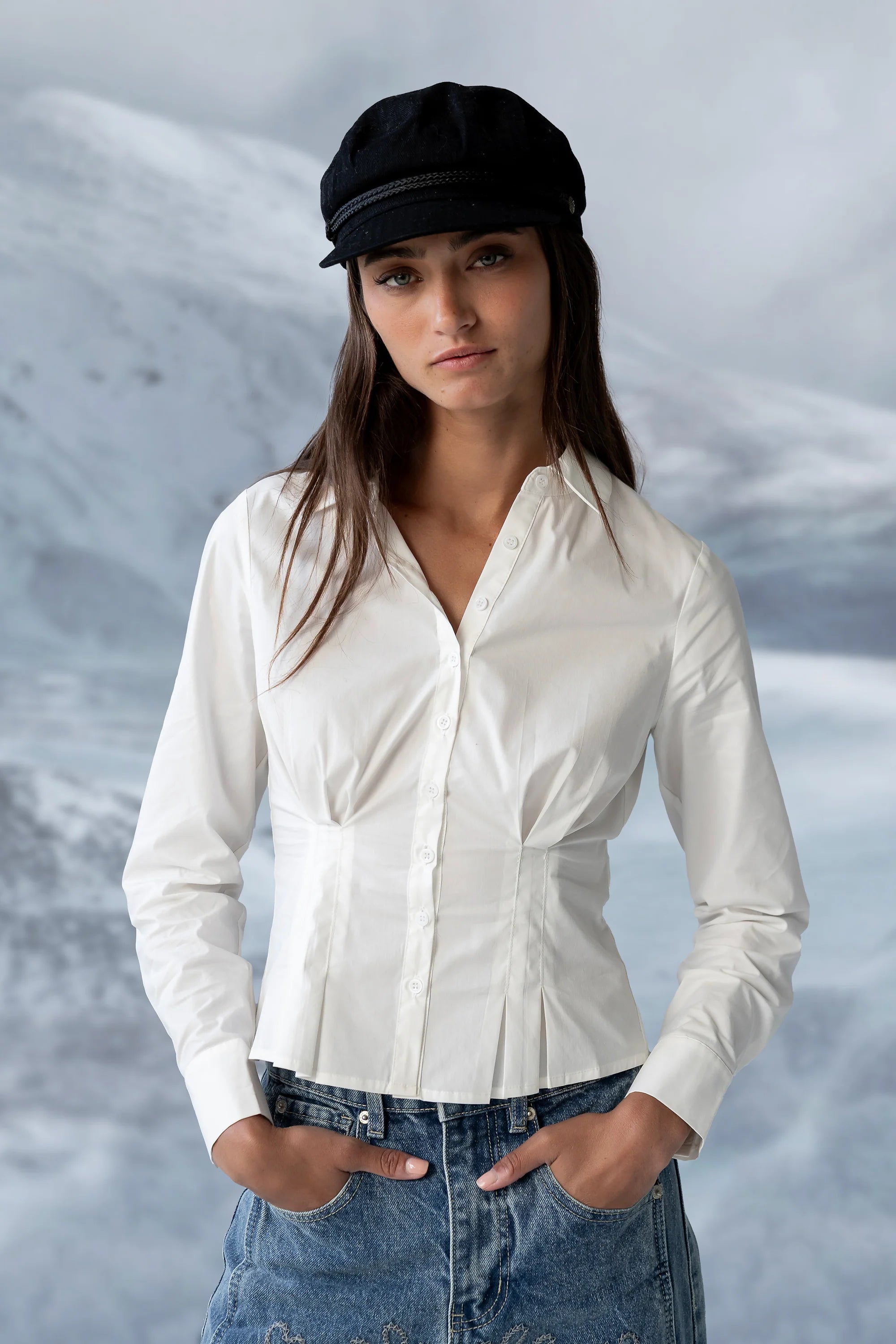 Brecken Pleated Button Up in White