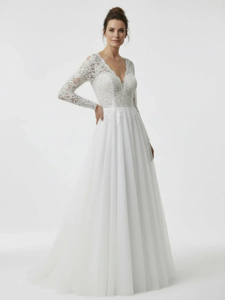 Bohemian Long Sleeves Lace Button Back A Line Modest Wedding Dresses