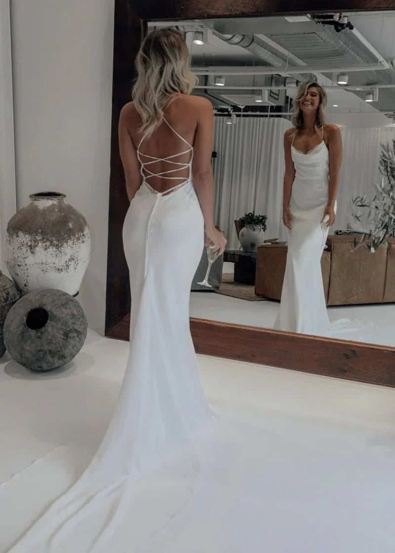 Mermaid Satin White Spaghetti Straps Wedding Dresses With Lace Up Back