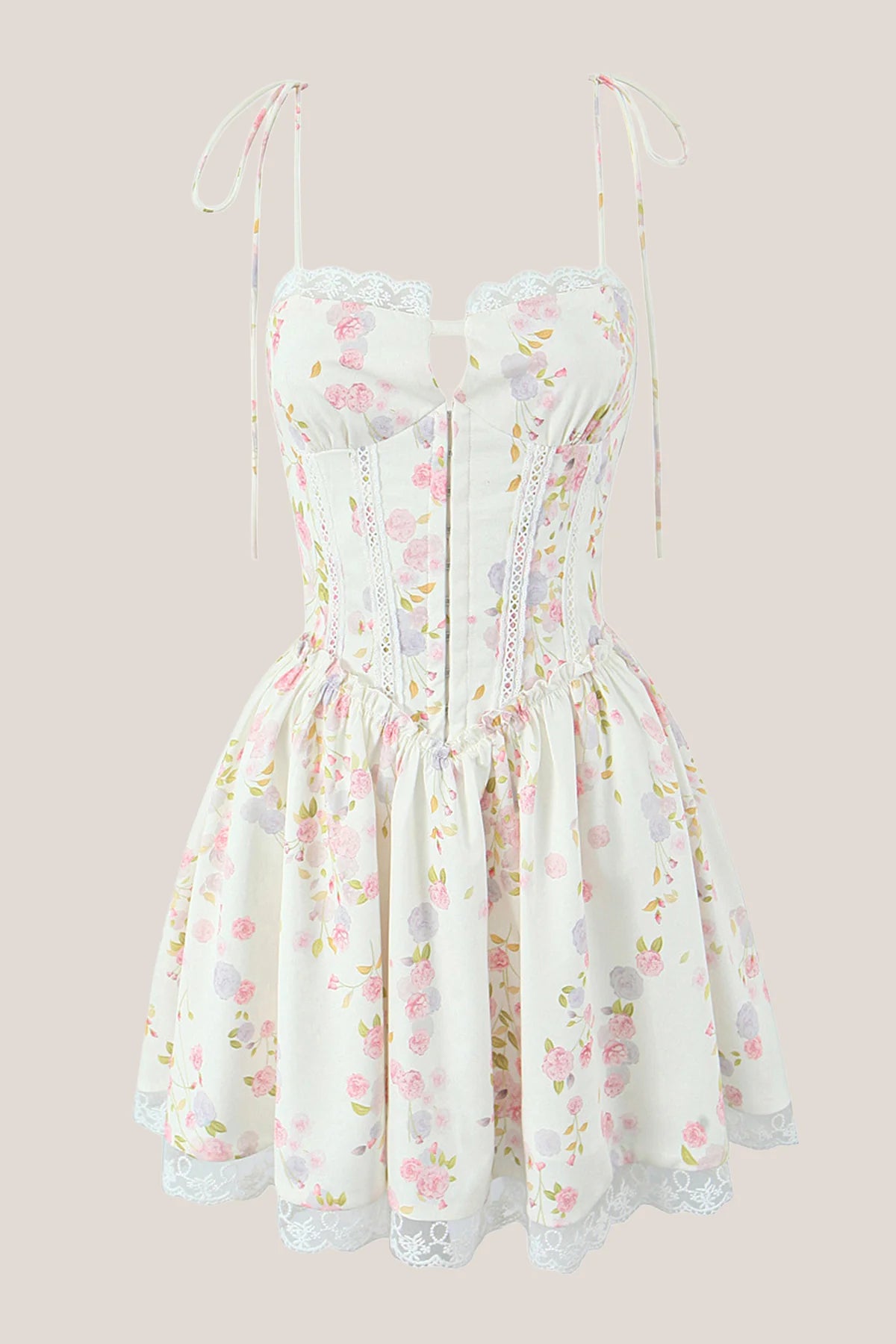 White Warm Rose Print Cotton Lace Trim Mini Dress