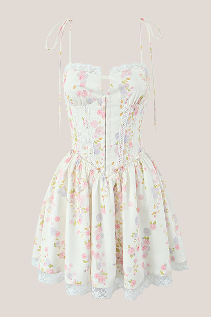 White Warm Rose Print Cotton Lace Trim Mini Dress